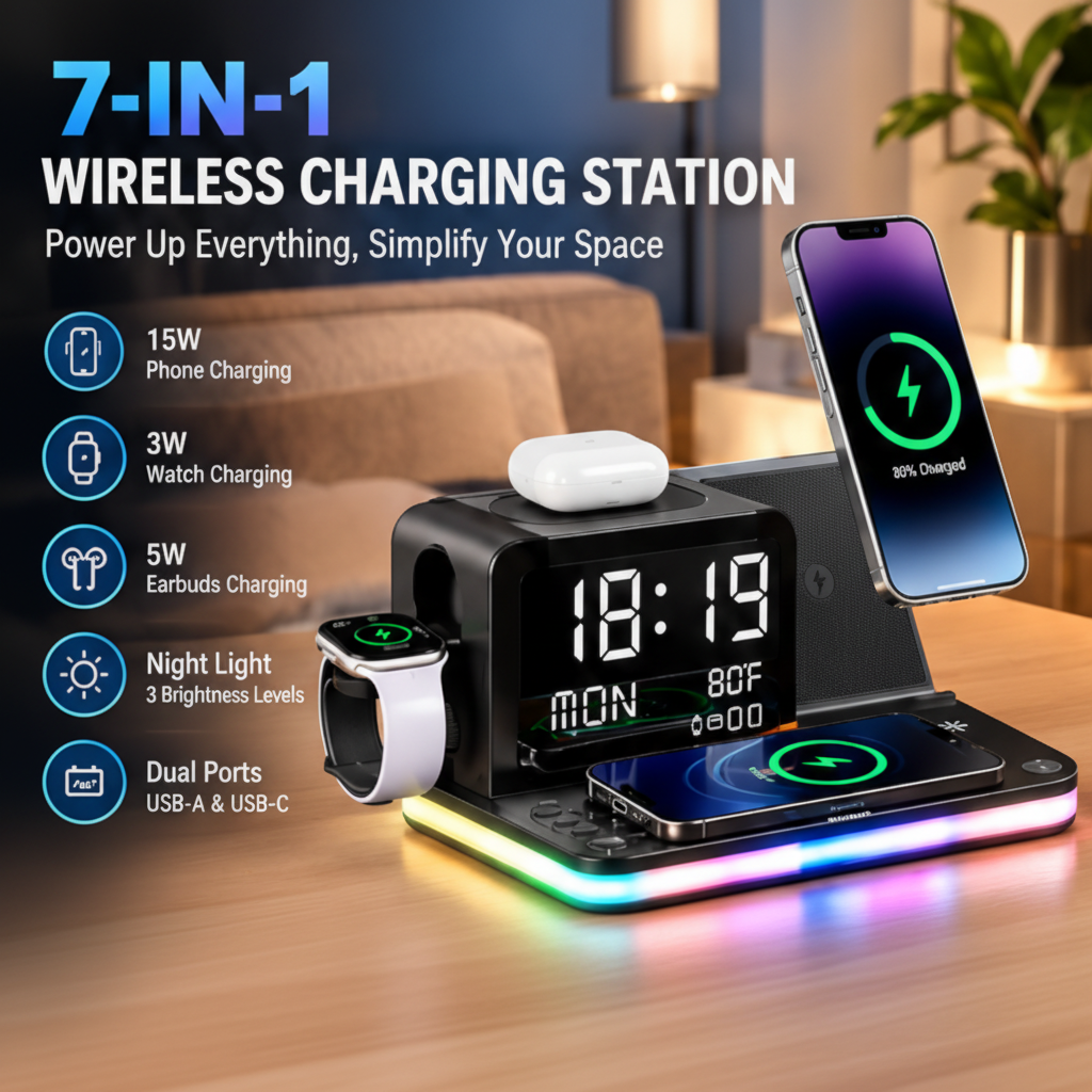 7 In 1 Wireless Charging Station, 15W, Clock, Night Light