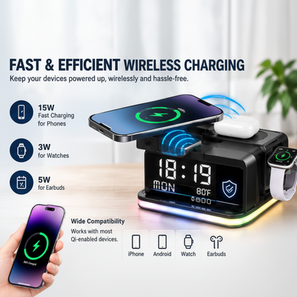 7 In 1 Wireless Charging Station, 15W, Clock, Night Light