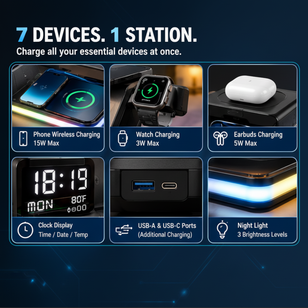 7 In 1 Wireless Charging Station, 15W, Clock, Night Light