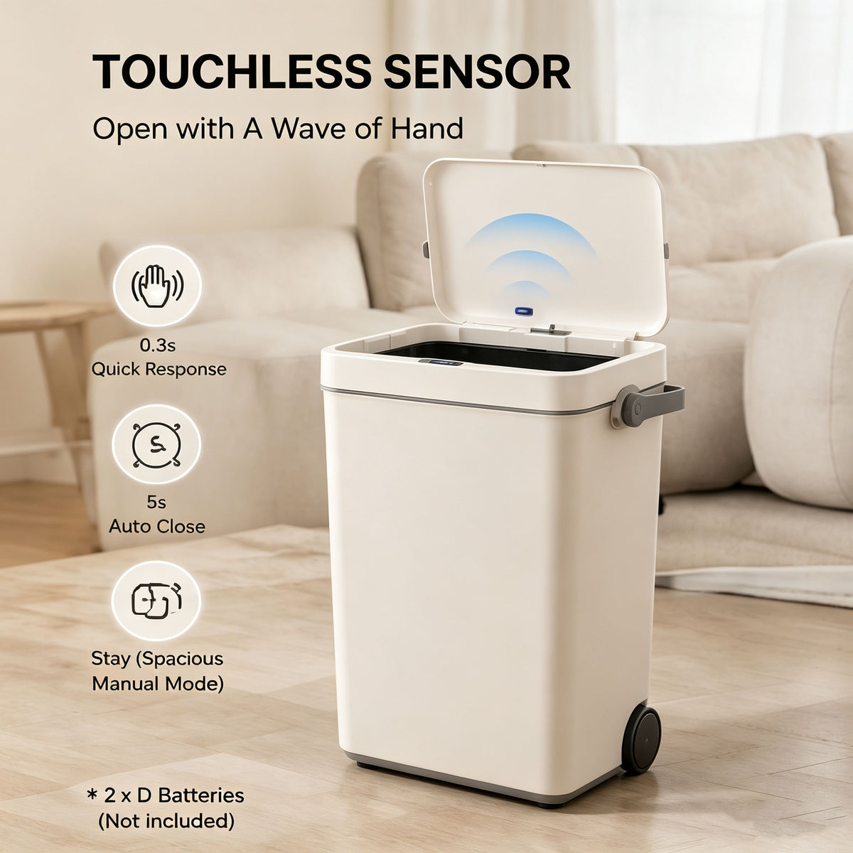 Smart Motion Sensor Trash Can 16L with Rolling Wheels & No Bend Design