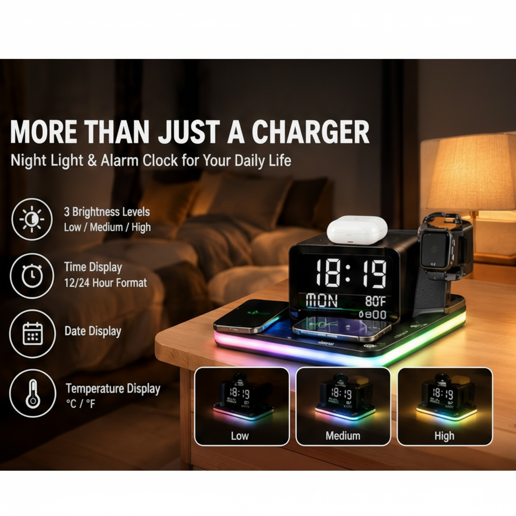7 In 1 Wireless Charging Station, 15W, Clock, Night Light