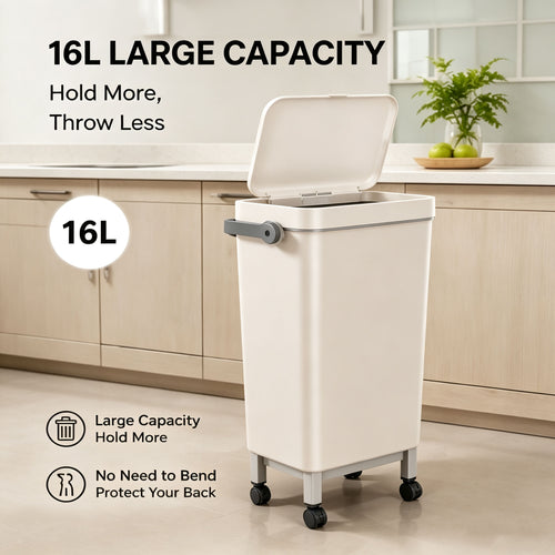 Smart Motion Sensor Trash Can 16L with Rolling Wheels & No Bend Design