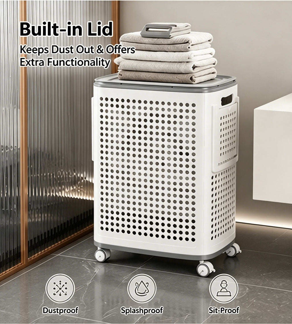 Rolling Laundry Basket with Lid, Large Capacity, 360° Wheels