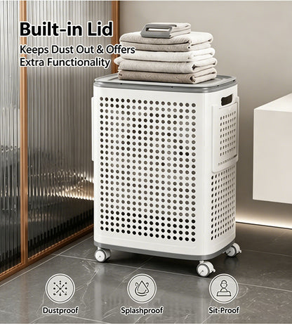 Rolling Laundry Basket with Lid, Large Capacity, 360° Wheels