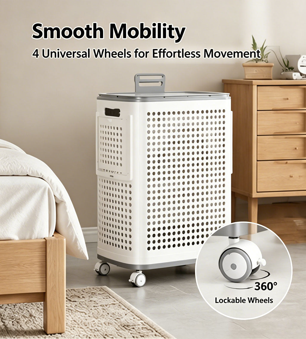 Rolling Laundry Basket with Lid, Large Capacity, 360° Wheels