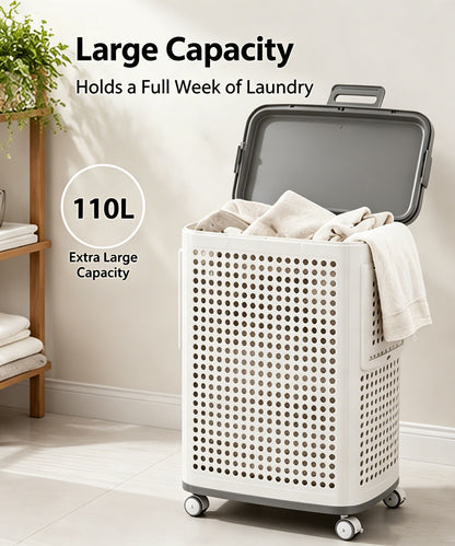 Rolling Laundry Basket with Lid, Large Capacity, 360° Wheels