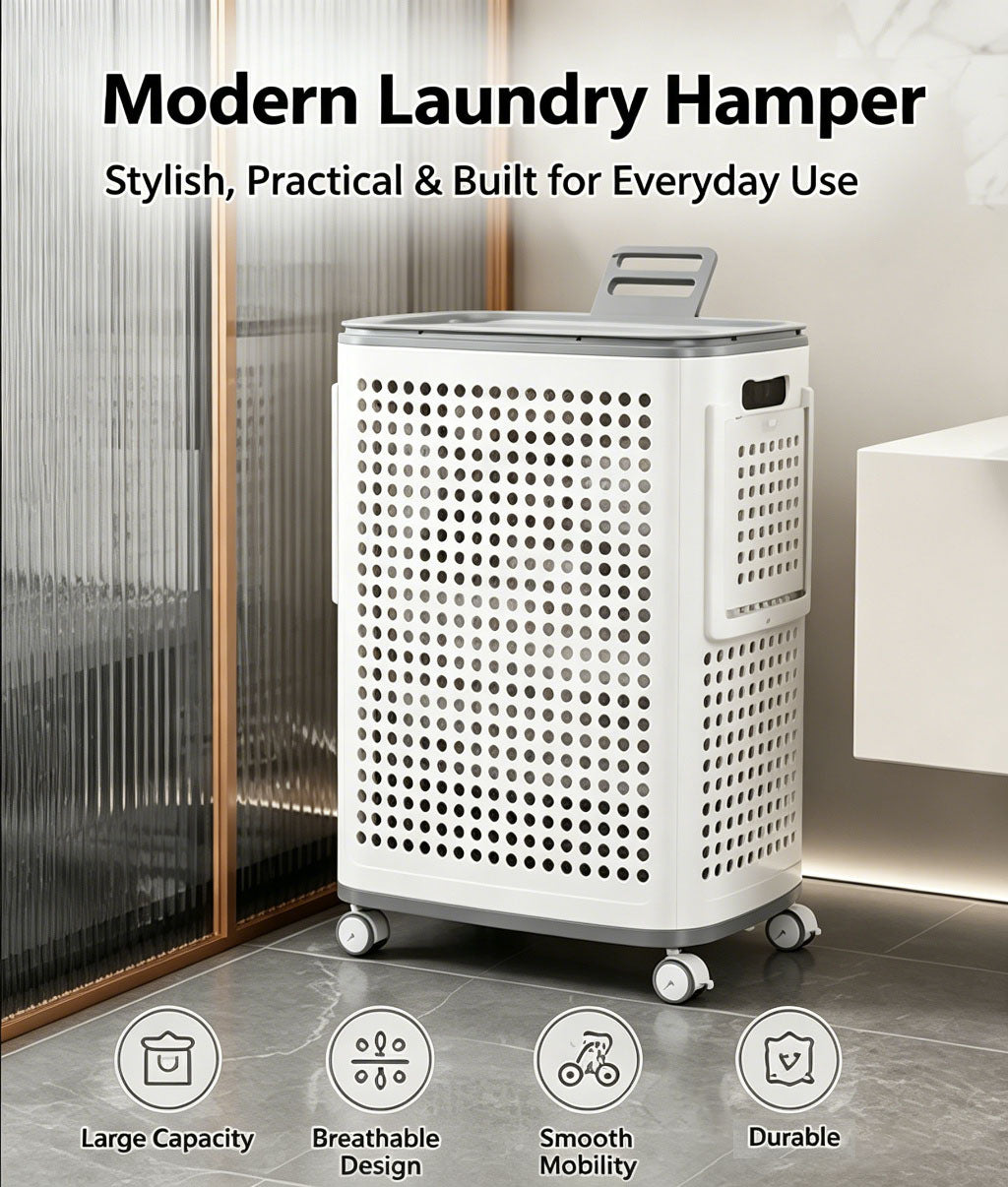 Rolling Laundry Basket with Lid, Large Capacity, 360° Wheels