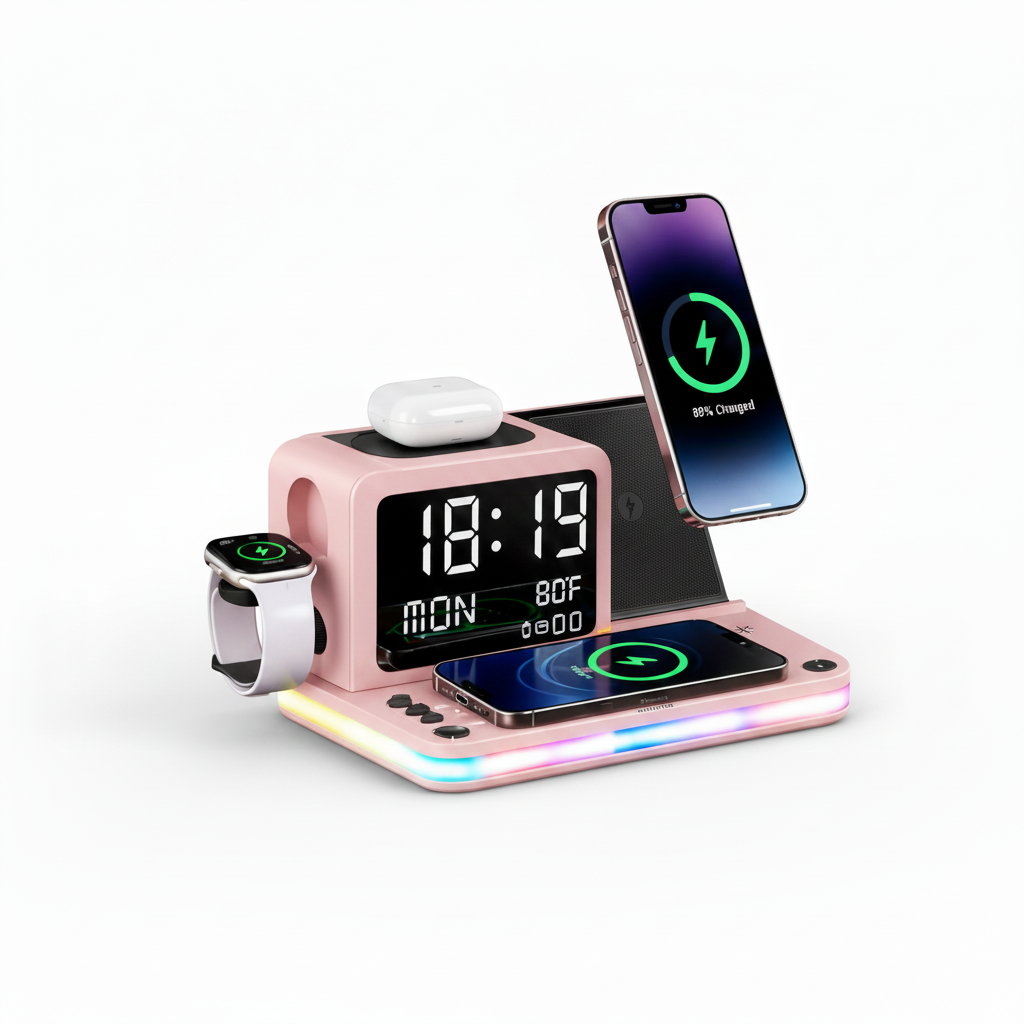 7 In 1 Wireless Charging Station, 15W, Clock, Night Light