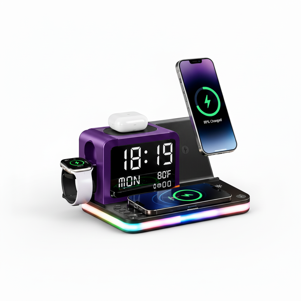 7 In 1 Wireless Charging Station, 15W, Clock, Night Light